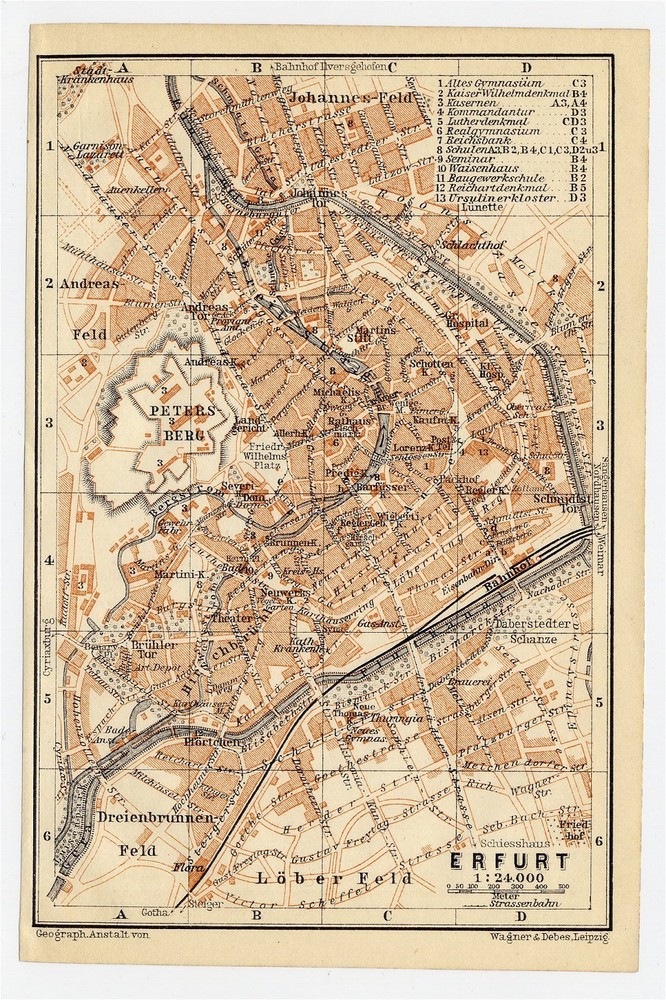 1910 Original Antique Map Of Erfurt City / Thuringia Thüringen Germany