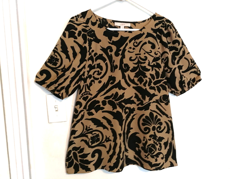 Loft Ann Taylor Womens Blouse M Brown Black Paisley Shirt Top Short Sleeve Boho