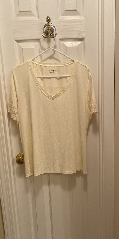 April Cornell Cream V-Neck Short Sleeve Lace-trim Blouse Top XXL Stretch