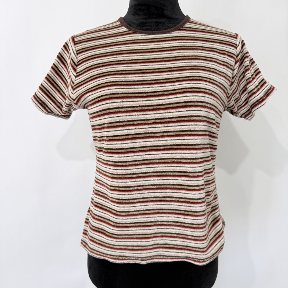 Vintage 90s Y2K  Arizona Chenille Earth Tone Striped Baby Tee Fit Medium Soft