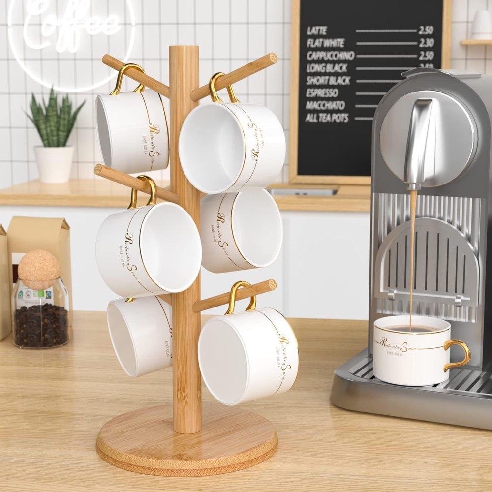 Bamboo Mug Tree with Thicker Base - Countertop Coffee Cup Stand with 6 Hooks