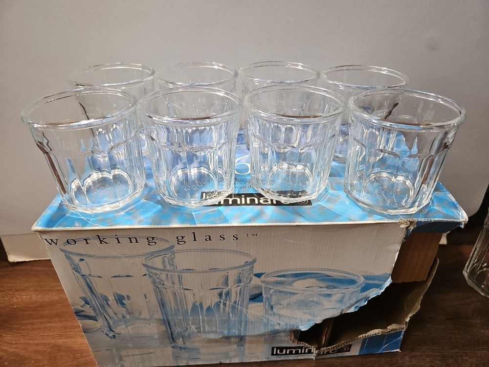 Luminarc Set of 8 New Clear 10 Paneled Tumbler Glasses Working Collection 14oz