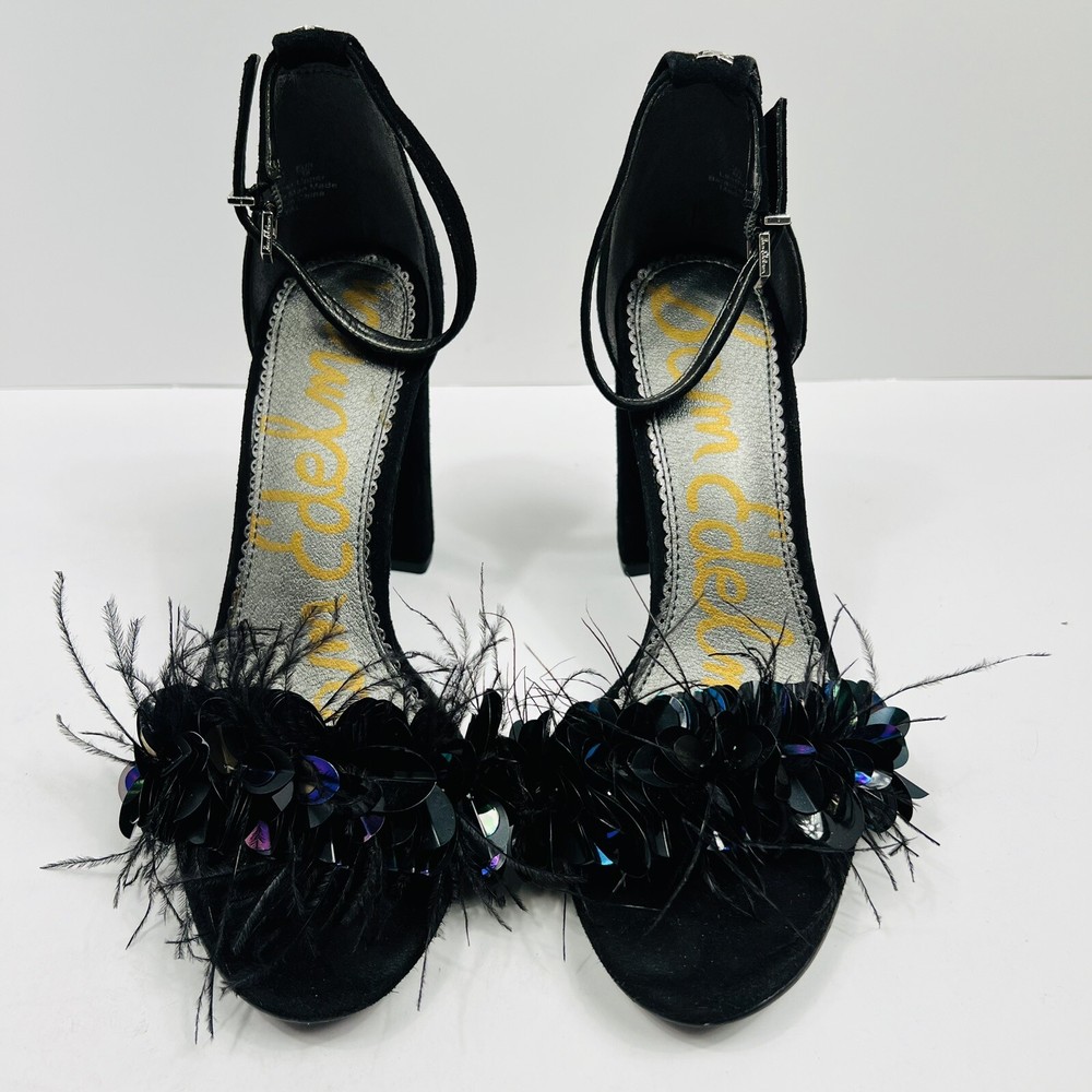 Sam Edelman YAL Black Suede Heels with Sequins, Feathers, and Block Heel - Size 8