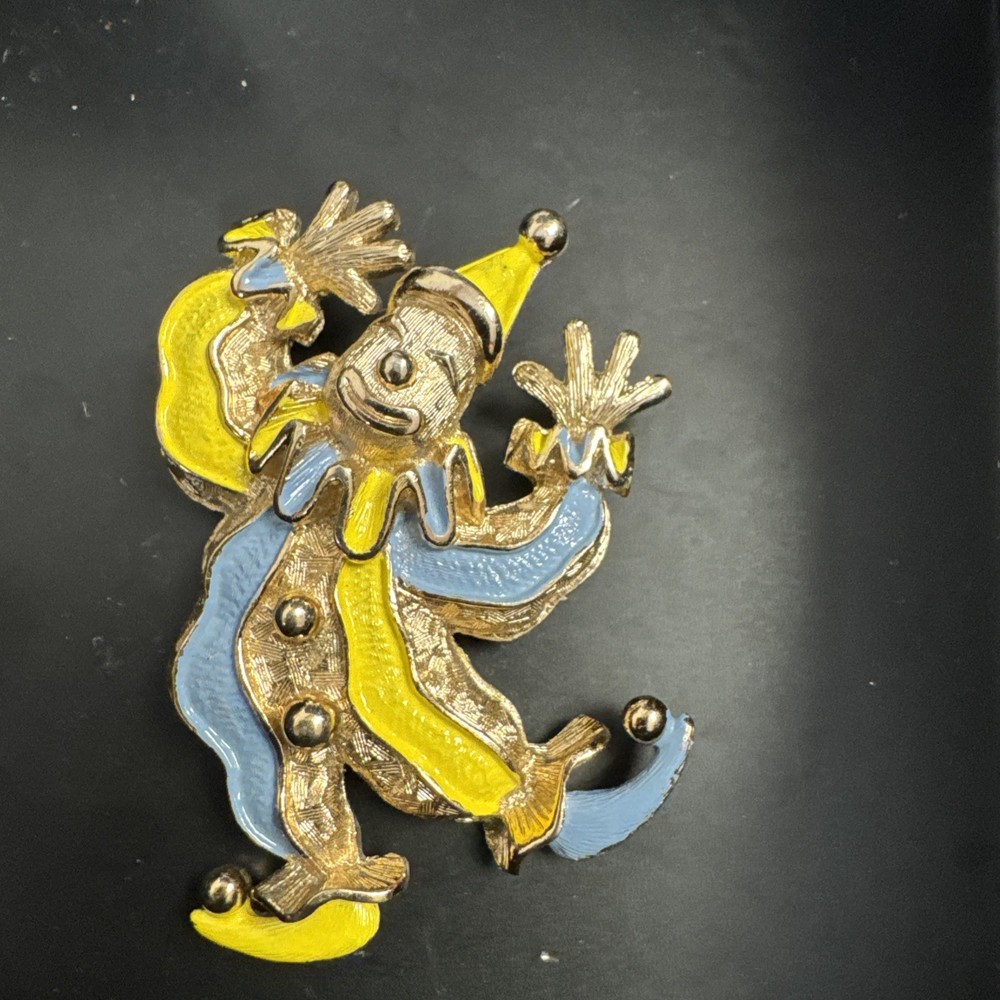 Vintage Napier Clown Blue And Yellow Enamel Gold Tone Brooch Pin