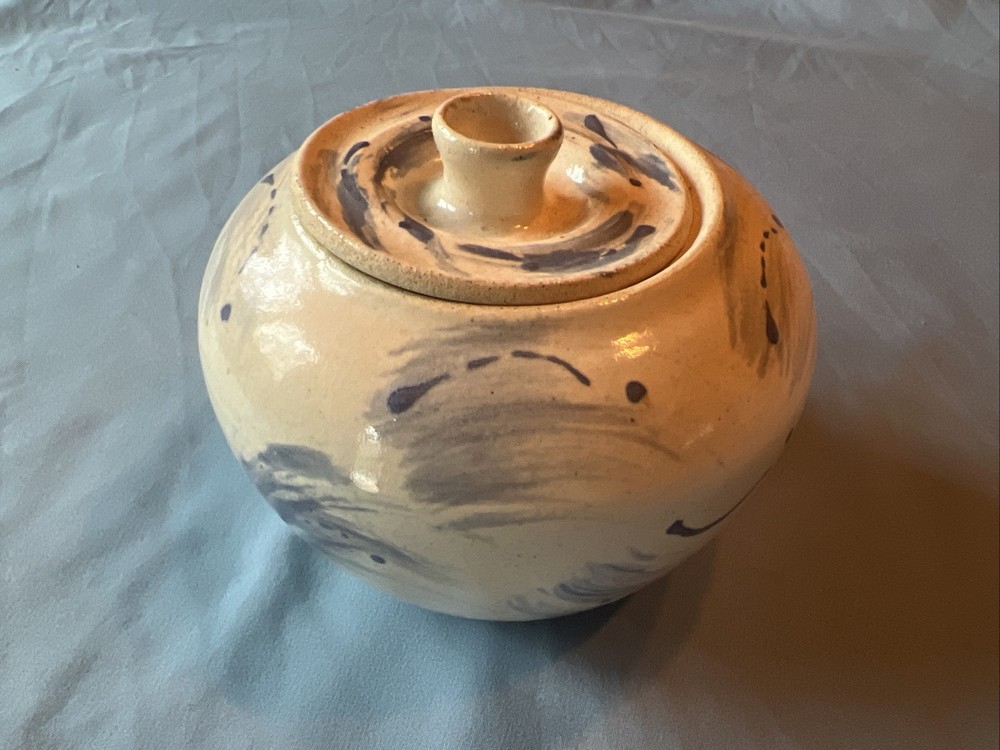 Handmade Hand Painted Studio Art Pottery with Lid and a Blue Abstract Design-image