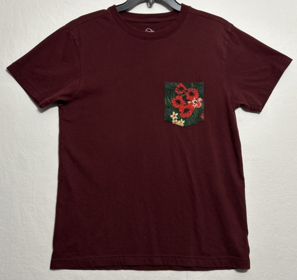 Original Use Men’s Burgundy Short Sleeve w Floral Fabric Pocket T-Shirt Small
