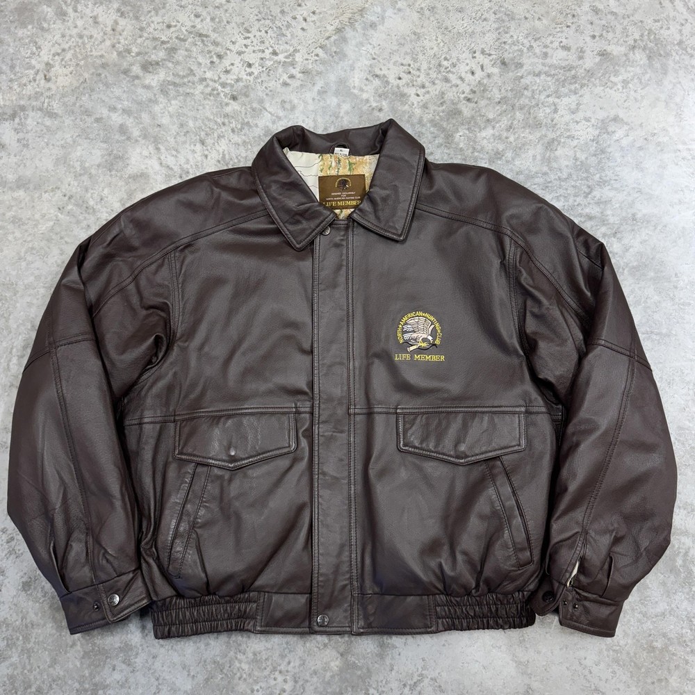 North American Hunting Club Jacket Mens XL Brown Leather Bomber Life Member