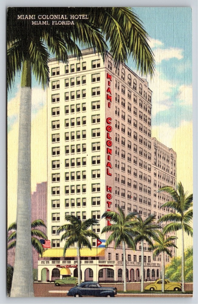 Miami Florida~Colonial Hotel Bldg Street View~Colortone Vintage Linen Postcard