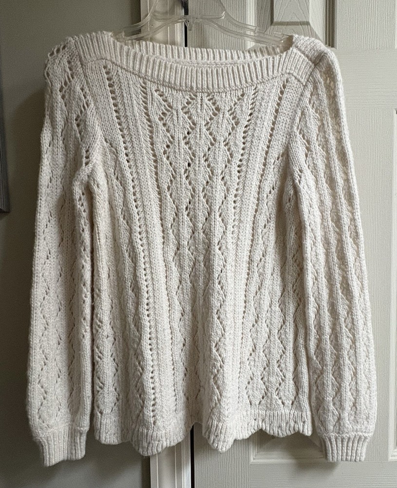 Loft Women's Long Sleeve White Pullover Scalloped Sweater Size Small