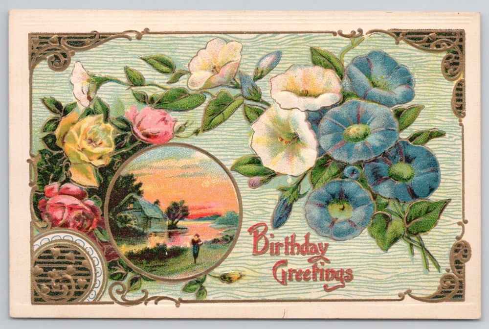 Vintage Birthday Greetings Postcard Embossed Flowers House Sunset Germany 1910s