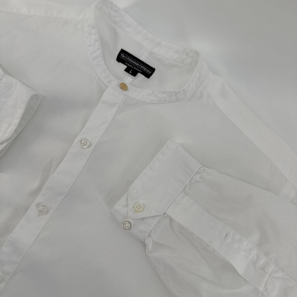 VINTAGE J. Peterman Shirt Mens Large White Band Collar Brass Stud Tunic 90s USA