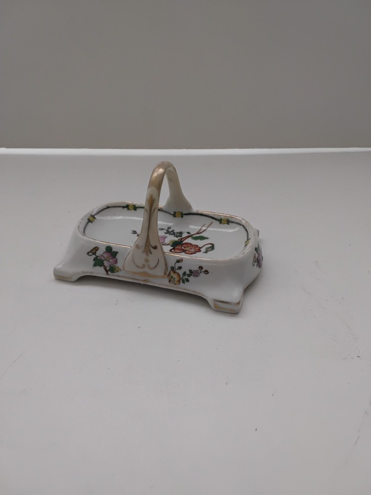 Vintage Nippon Japan Porcelain Handled Trinket Dish Floral Design Hand Painted