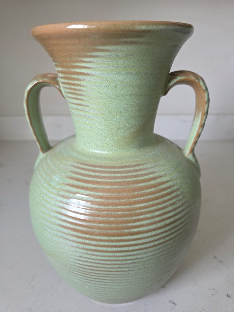 Vintage Frankoma Double Leaf Handle Ribbed Prairie Green Large 11