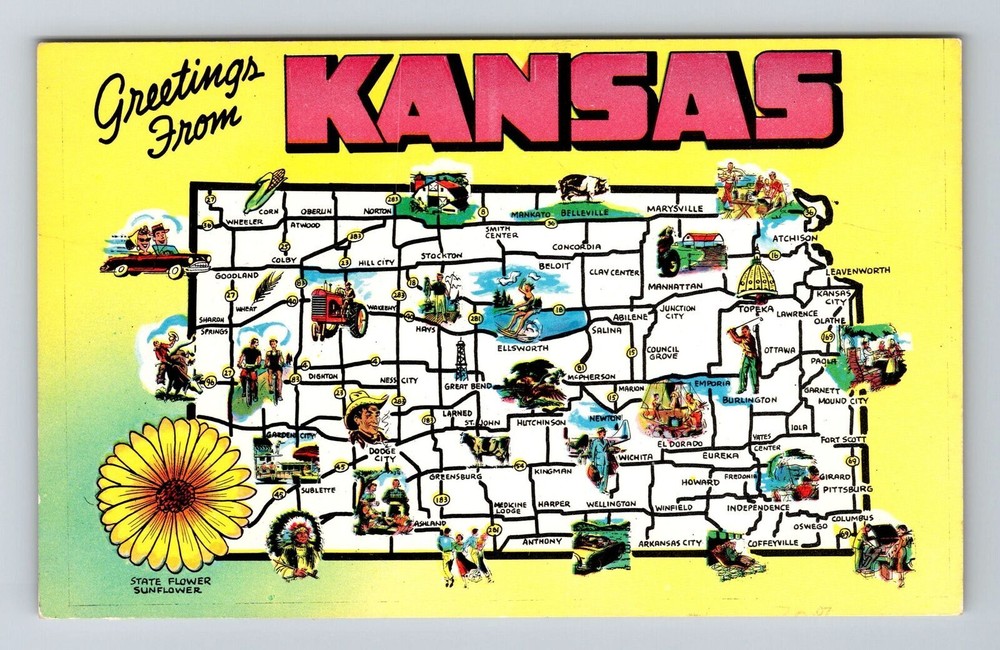 KS-Kansas, Scenic Map Greetings, Landmarks, Vintage Postcard
