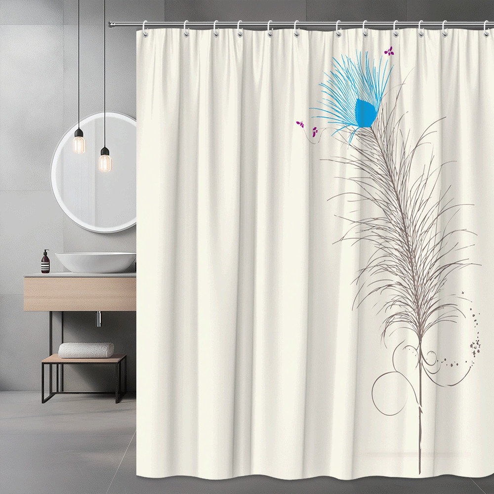 Peacock Feather Print Shower Curtain Beige Blue Floral Graphic