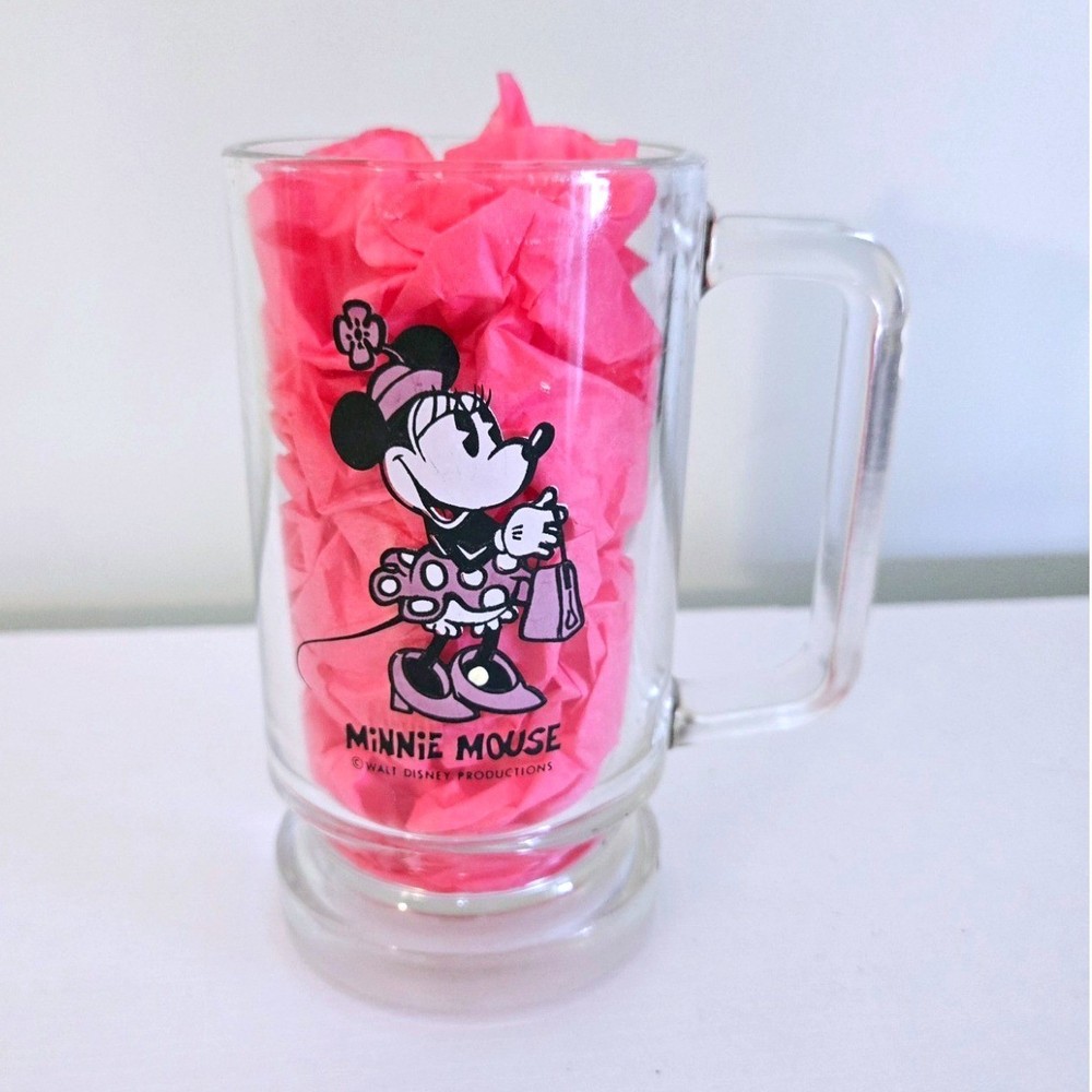 Vintage Minnie Mouse Walt Disney Productions Clear Glass Mug Stein Pink Retro