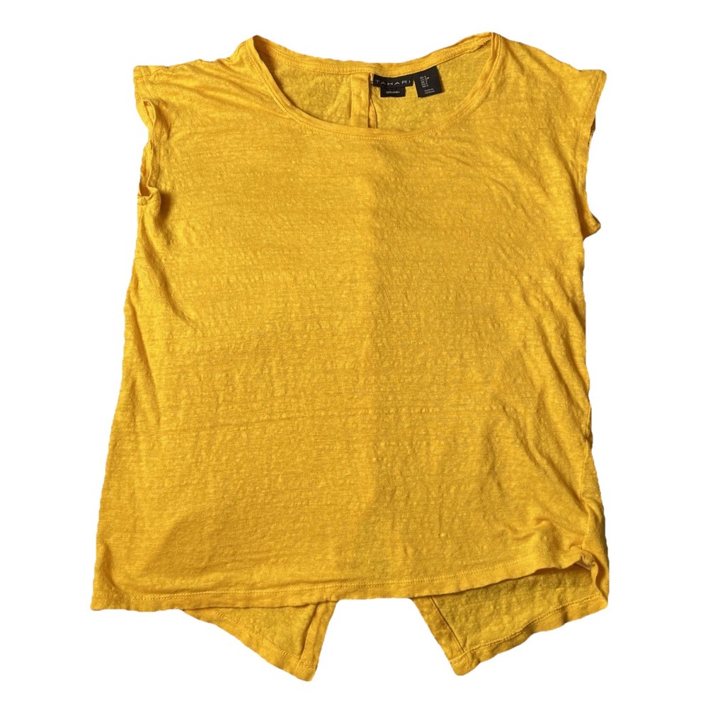 Tahari Linen Top shirt Women's Small Short Sleeve Yellow Stretchy Knit Buttons