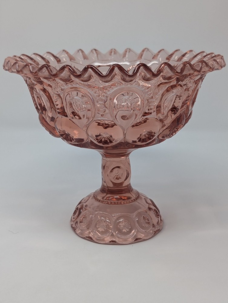 Vintage LE Smith Moon Stars Pink Glass Ruffled Compote Candy Bowl Pedestal