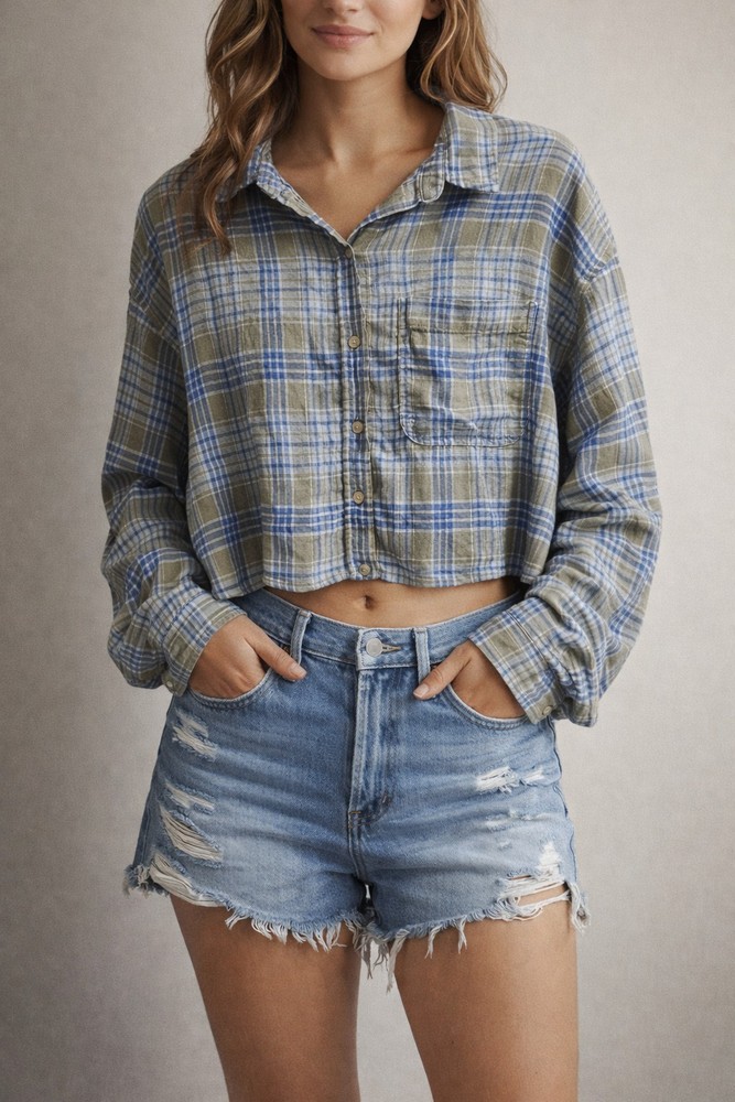 American Eagle Oversized Plaid Cropped Shirt Linen Blend Blue Green Women's L