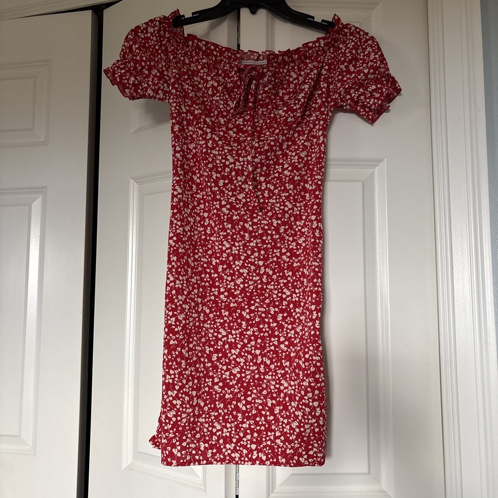 Shein Women's Red and White Floral Print Dress Size Medium