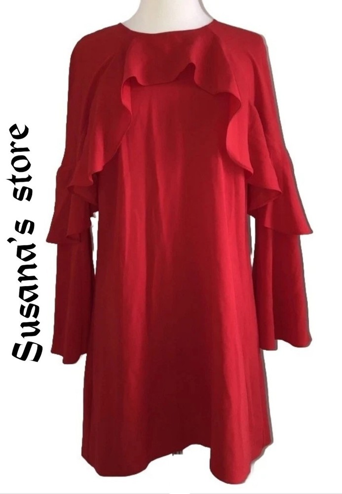 NWT BCBG MAXAZRIA SIZE L Red Boat Neck Ruffle Bell Sleeve Shift Dress