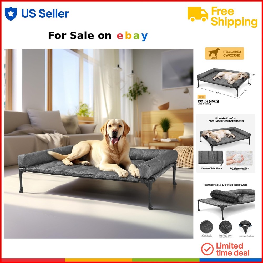 Elevated Cooling Dog Bed with Waterproof Bolster Cushion for Indoor Outdoor Use