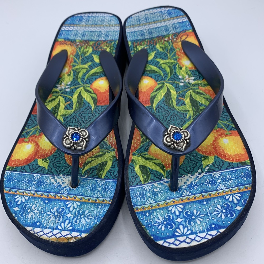 Brighton Orange Blossom Navy Blue Wedge Flip Flops Sz 7 Silver Gem Mediterranean