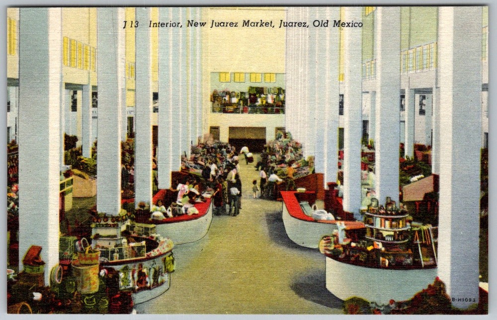 Vtg Linen Postcard Market Interior Stalls Juarez, Mexico 1940s