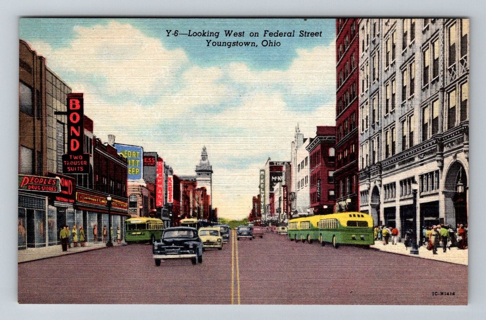 Youngstown, OH-Ohio, Federal Street Downtown Scene Streetcars Vintage Postcard
