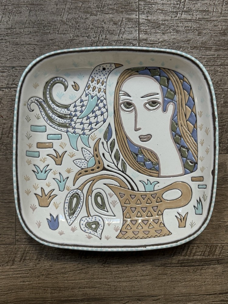 Mari Simmulson Bowl Upsala-Ekeby Woman, Birds, Flowers, MCM Art Pottery Sweden