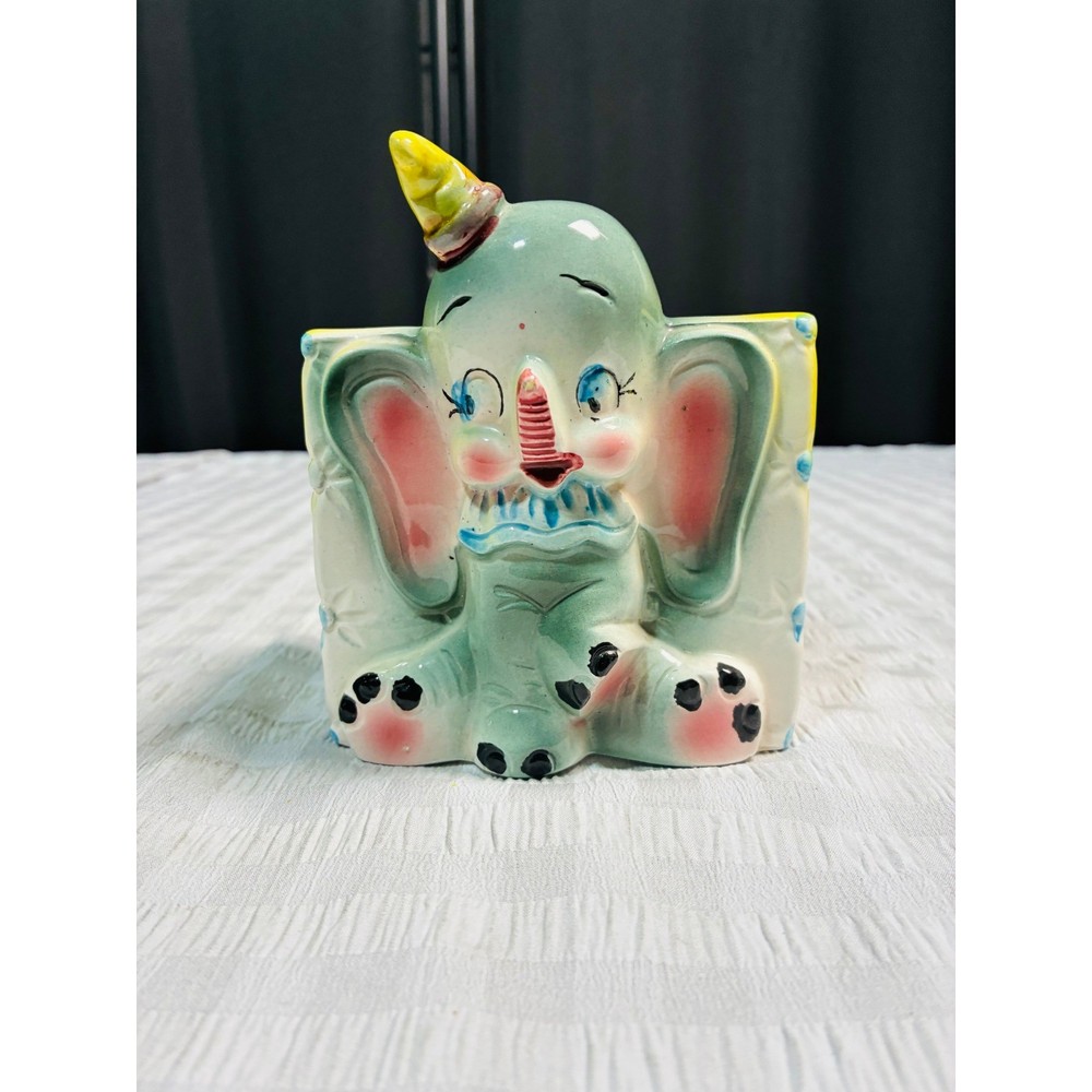 Vintage Ceramic Circus Elephant Planter Japan Mid Century Nursery Decor Green