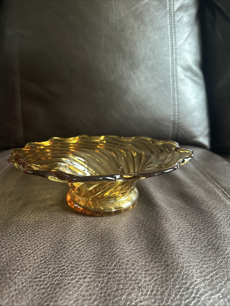 Vintage Amber Glass 8.5 Inch Scalloped Edge Candy Serving Bowl