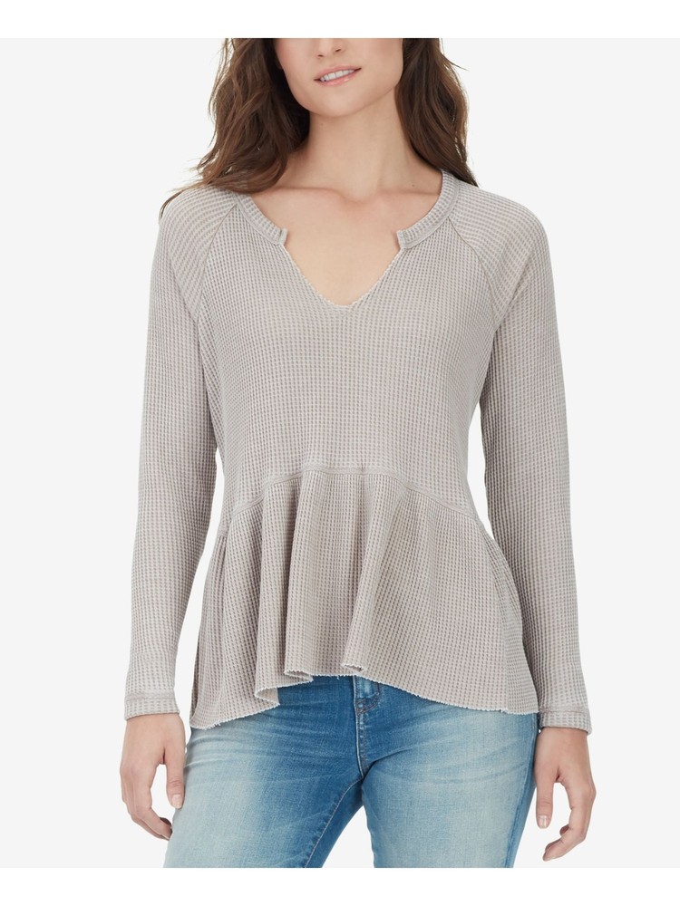 WILLIAM RAST Womens Beige Long Sleeve V Neck Peplum Top S