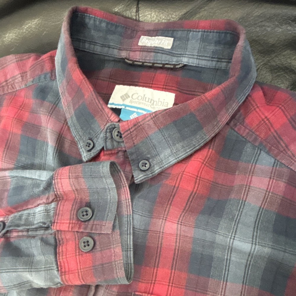 Columbia Shirt Mens Large Red Blue Plaid Button Down Long Sleeve Regular Fit