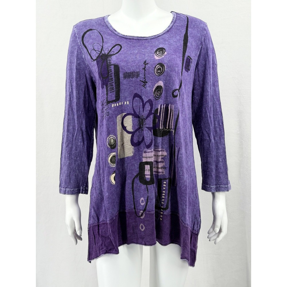 Jess & Jane Top Womens Medium Purple Tunic Abstract Graphic Artsy 100% Cotton-image
