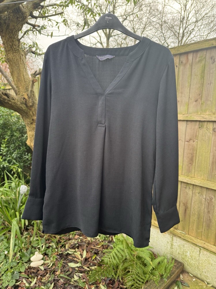 M&S UK 8 EU 36 Collarless Top Black Long Sleeves Buttoned Cuffs Slits at Sides