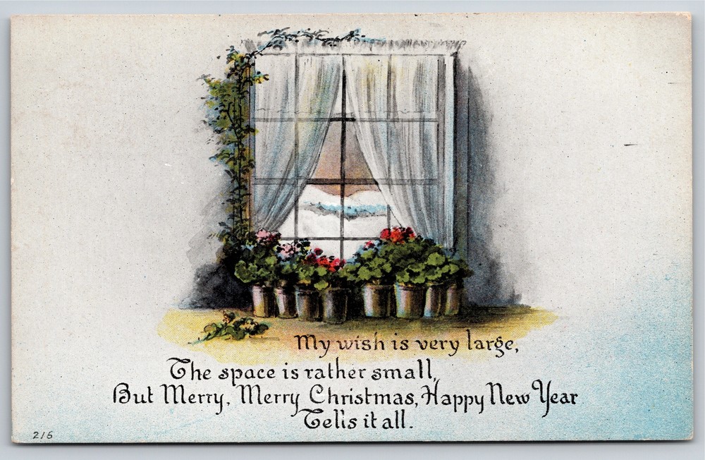 Greetings~Basket of Flower New Year Greeting~Vintage Postcard