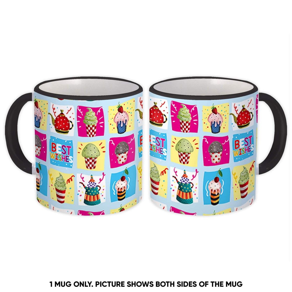 Gift Mug : Colorful Cupcakes Pattern Tea Pots Best Wishes Birthday Kitchen Party