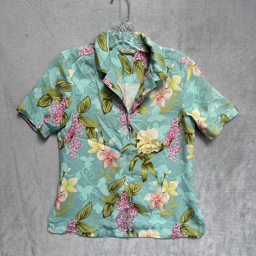 Tommy Bahama Shirt Womens Small Blue Floral Hawaiian Button Front Tropical Top