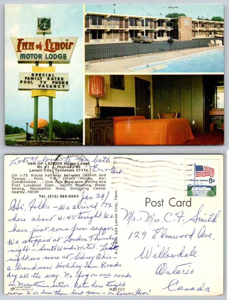 Vtg Inn of Lenoir Motor Lodge Postcard Lenoir City TN 1972 Chrome Motel