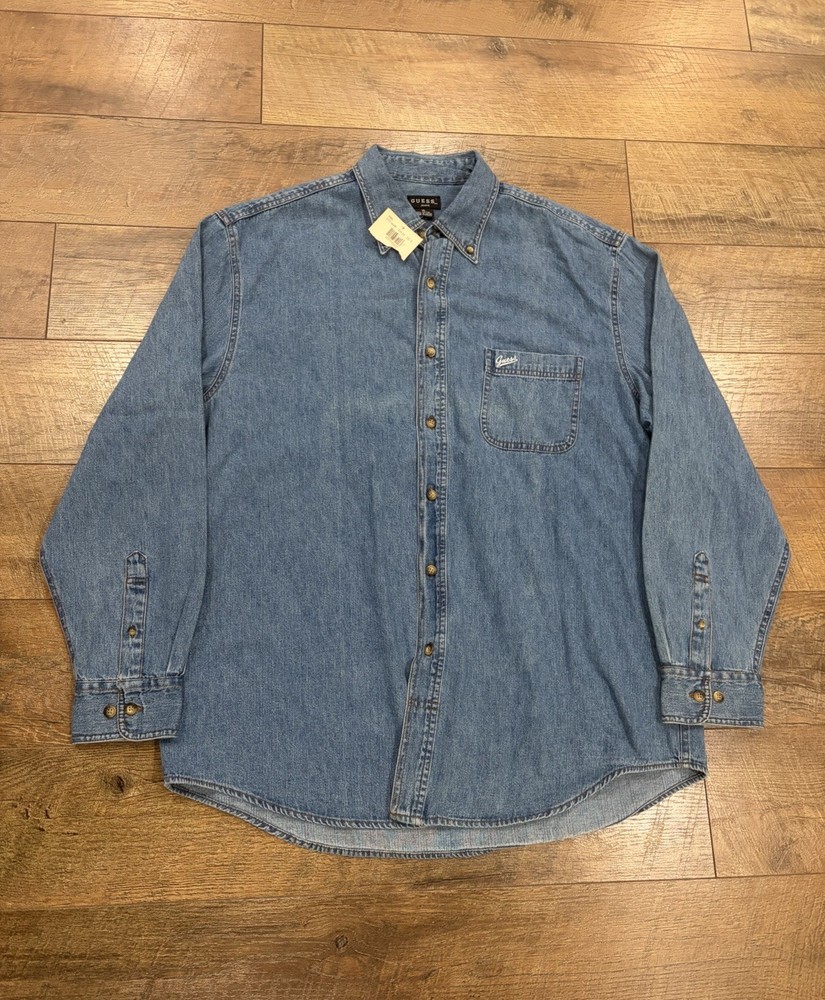 NWT Vintage Guess Jeans Denim Button Up Long Sleeve Shirt Blue XL
