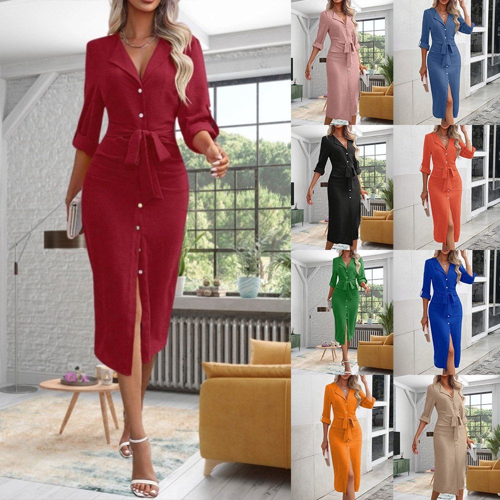 Women Solid V-Neck OL Office Bodycon Midi Dress Ladies Long Sleeve Casual Dress