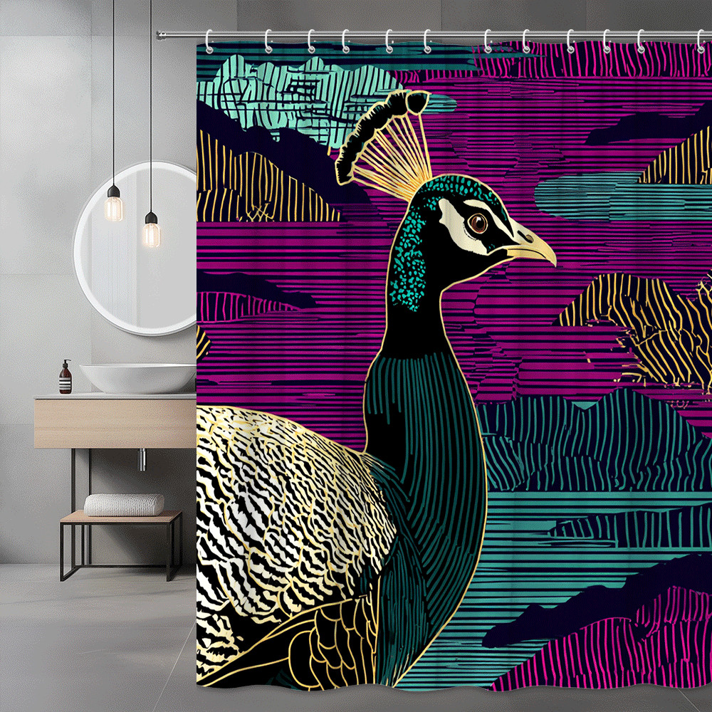 Peacock Print Shower Curtain, Purple Teal Abstract Animal Art