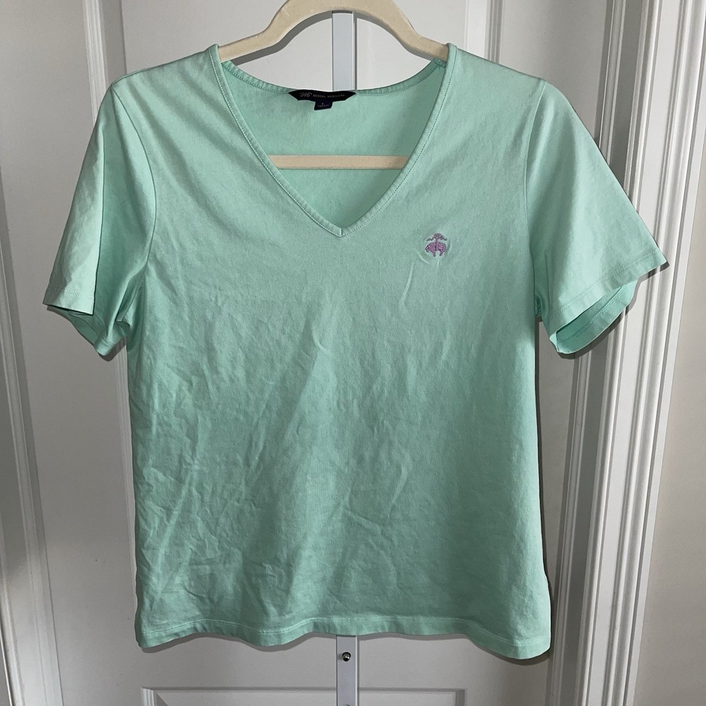 Brooks Brothers 346 Mint Green V Neck Tee Shirt Cotton Size L Logo Top