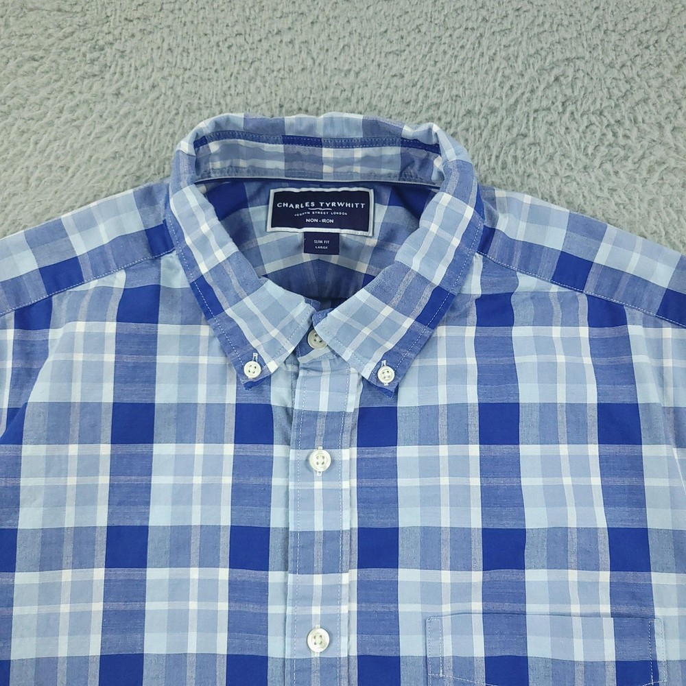 Charles Tyrwhitt Shirt Mens Large Blue Check Non Iron Slim Fit Short Sleeve
