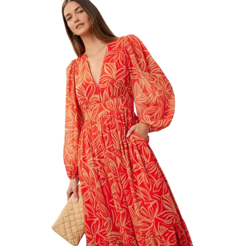 Toccin x RTR women’s size 16  V Neck Printed Maxi Dress Red Palms boho