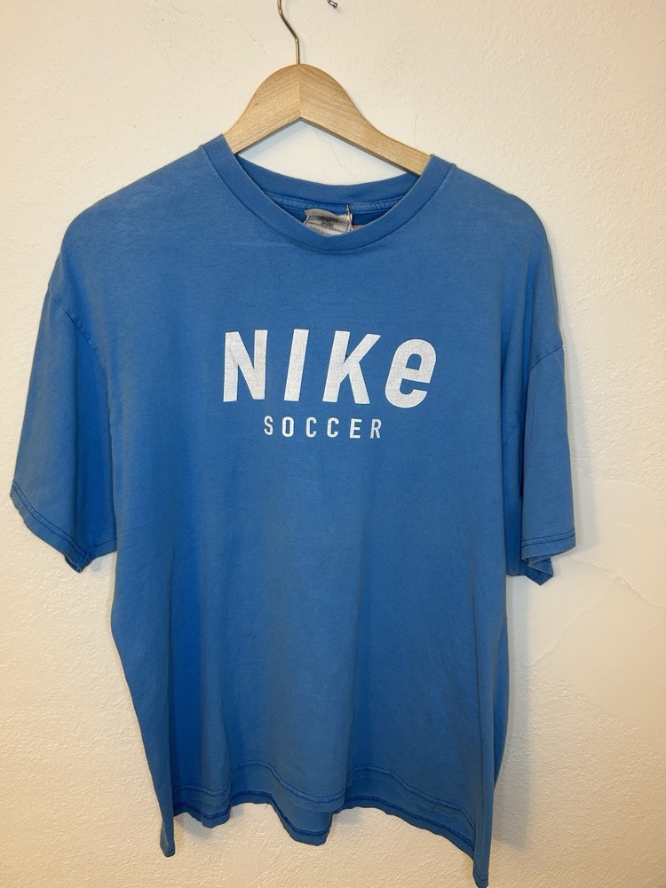 Vintage Nike Shirt Men L Blue 90s Made In USA Soccer Spell Out FIFA World Cup