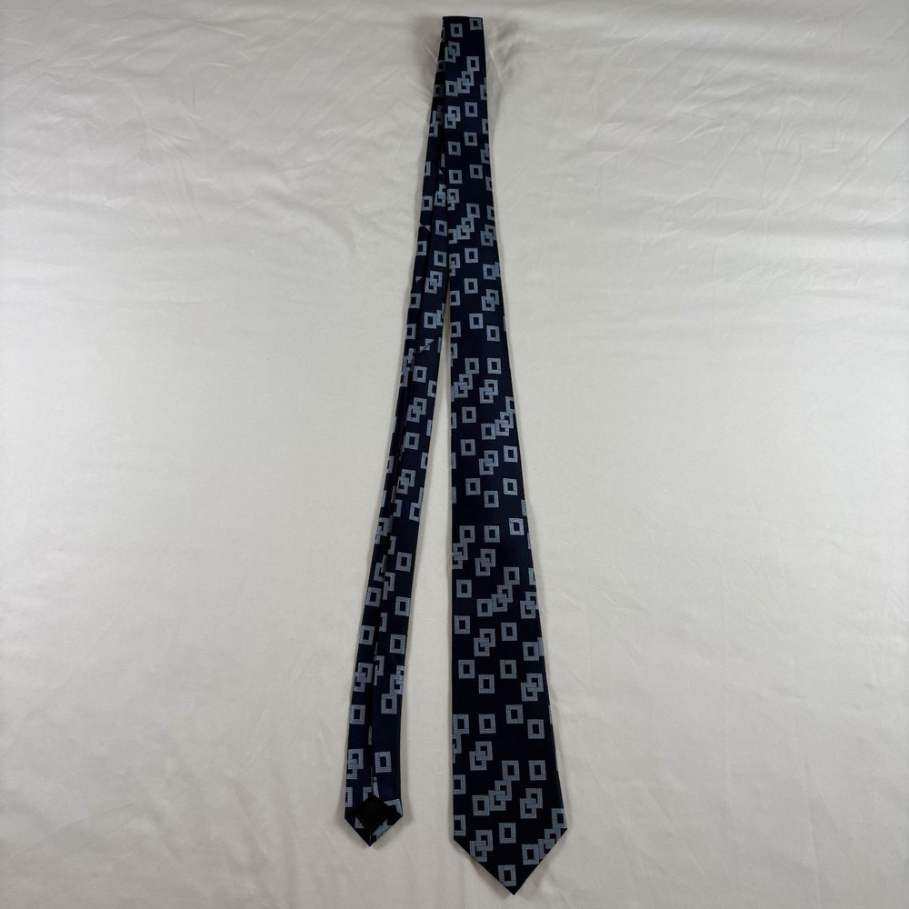 Kai Long Handmade 100% Silk Men’s Neck Tie Navy Blue Geometric Modern Classic