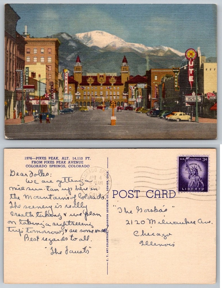 Pikes Peak Ave Colorado Springs CO 1953 Linen Postcard Sanborn Souvenir