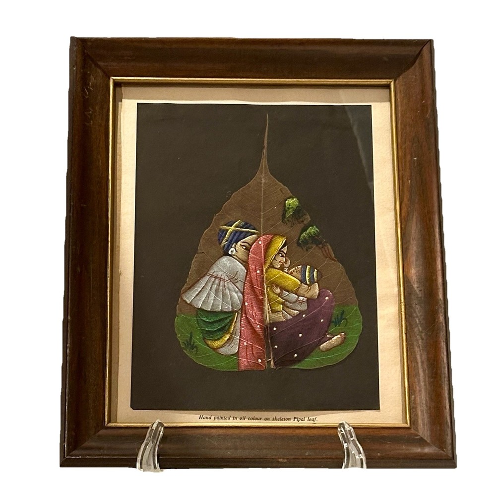 Indian Peepal Leaf Radha Krishna Art Handmade Hindu God Folk Painting